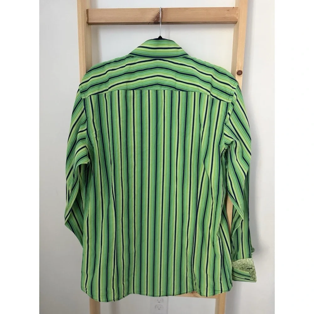 BANANA REPUBLIC MEN‎ DRESS SHIRT L 16-161/2 GREEN NAVY STRIPES FRENCH CUFF (B4)